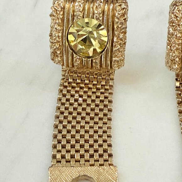 Gold Mesh Swank Cuff Link & Tie Tack set with Rivoli cut yellow stone - Picture 4 of 10
